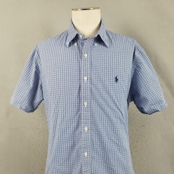 Ralph Lauren Shirt Mens XL Blue White Gingham Check Button Down Short Sleeve - Picture 2 of 14